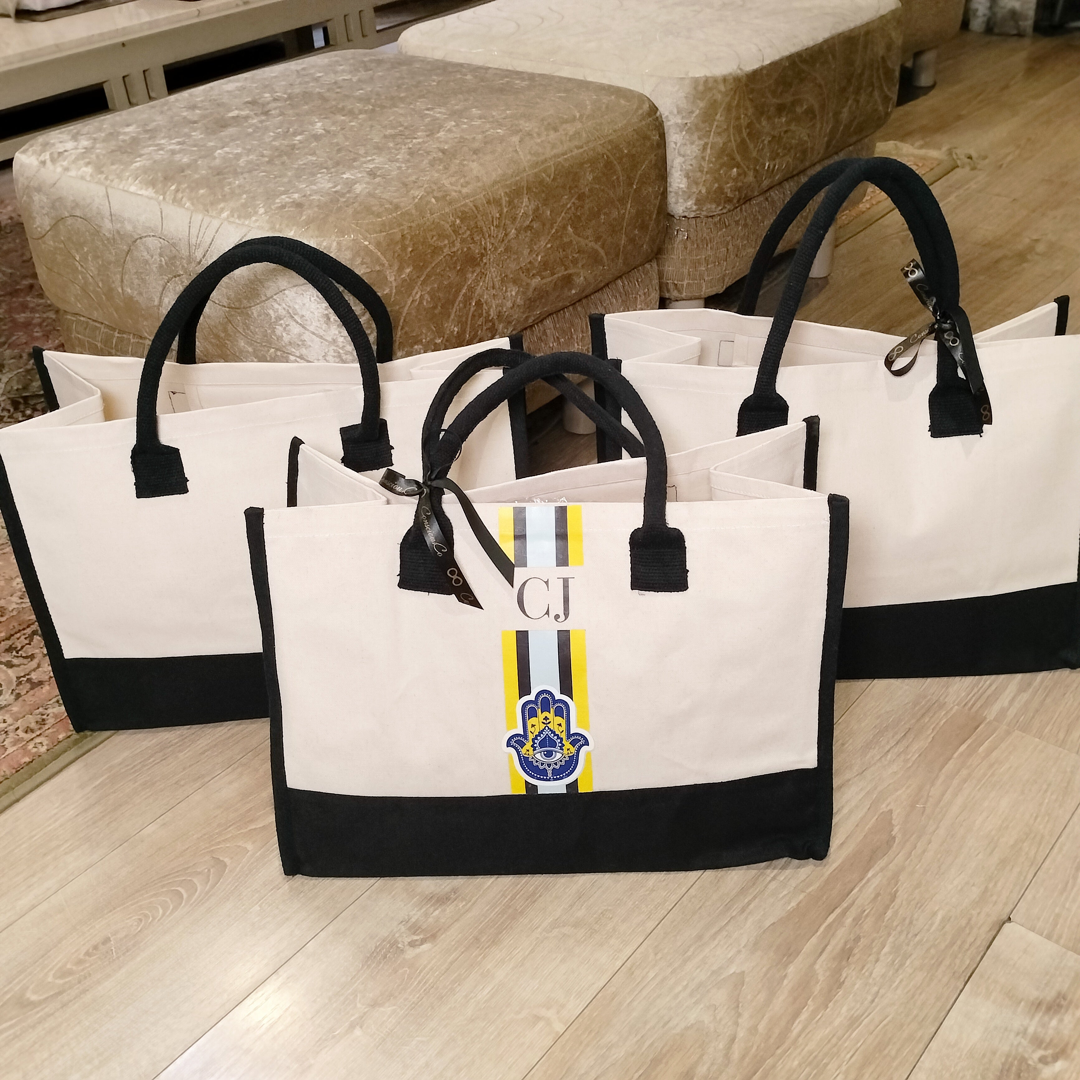 Monogrammed Hold All Tote With Humsa Detailing-Yellow Blue Theme